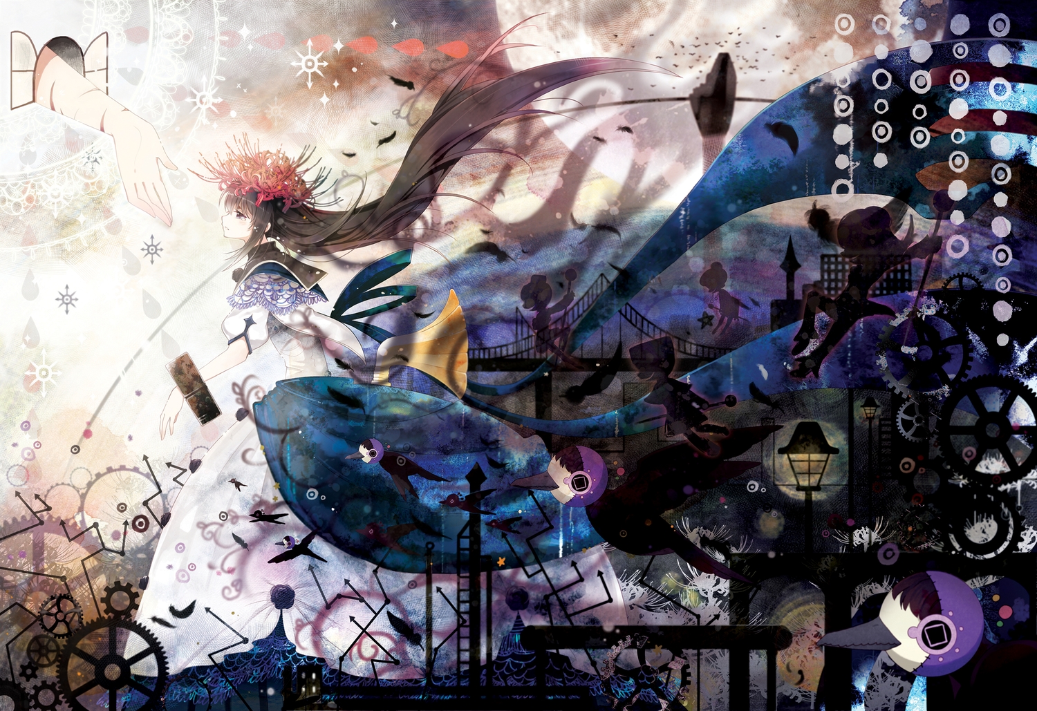 akemi_homura, black_hair, dress, feathers, flowers, long_hair, mahou_shoujo_madoka_magica, purple_eyes