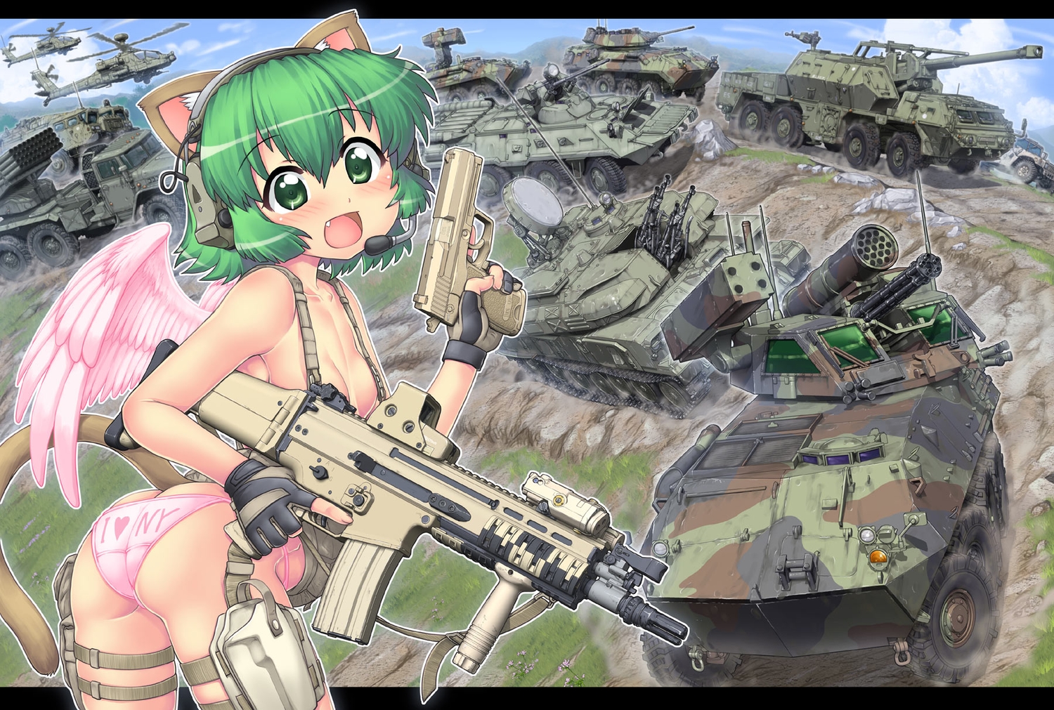 aircraft, animal_ears, ass, blush, breasts, catgirl, cleavage, combat_vehicle