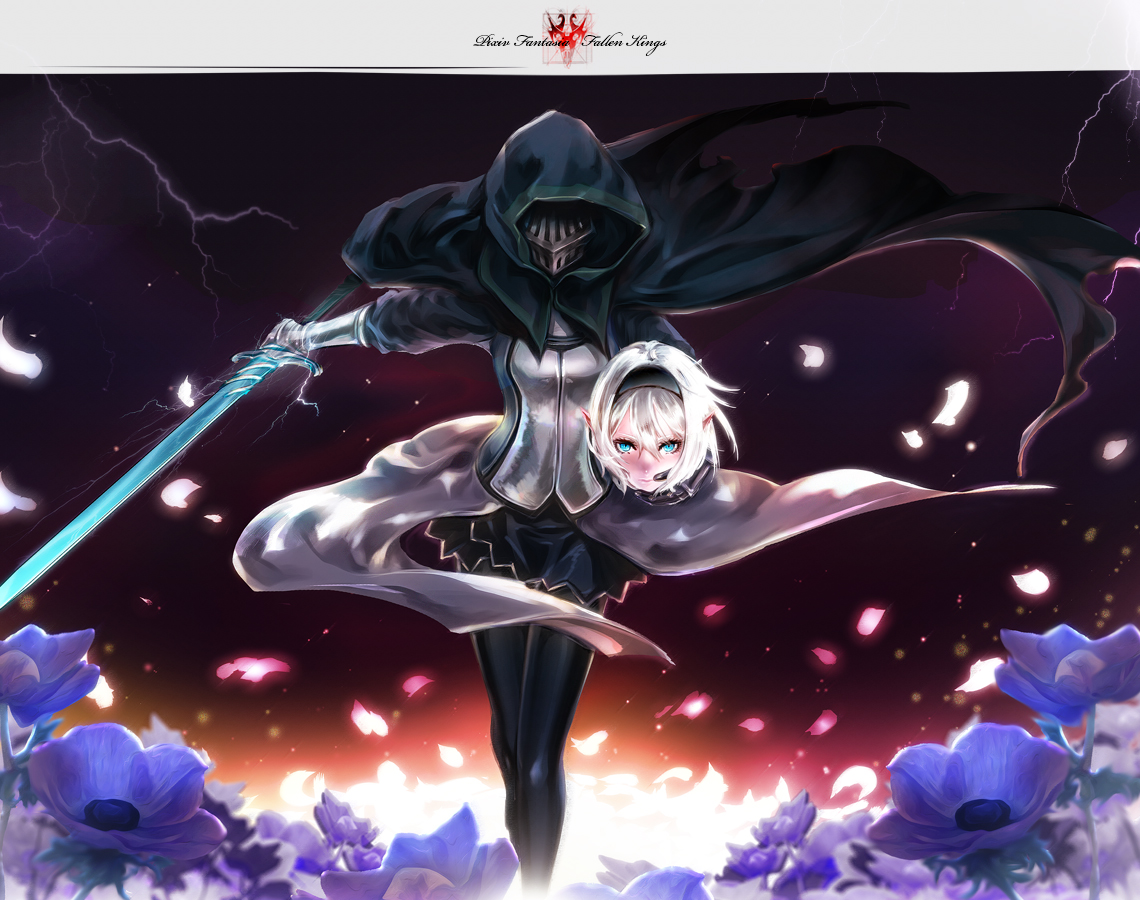 ao_no_mavis, armor, beko, blue_eyes, cape, flowers, headband, original, petals, pixiv_fantasia, pointed_ears, short_hair, sword, weapon, white_hair