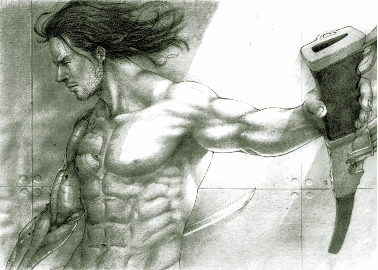 all_male, futon_saru, katana, male, metal_gear, metal_gear_rising:_revengeance, monochrome, navel, samuel_rodrigues, short_hair, sword, weapon