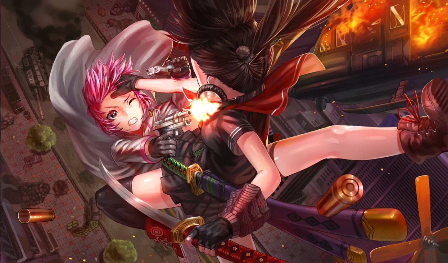2girls, boots, brown_hair, cape, combat_vehicle, fire, gloves, gun