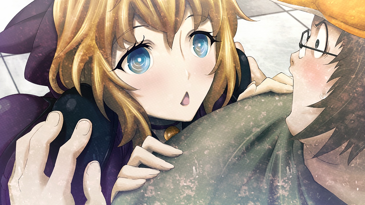 amane_yuki, brown_hair, cosplay, game_cg, hashida_itaru, long_hair, male, ribbons, steins;gate