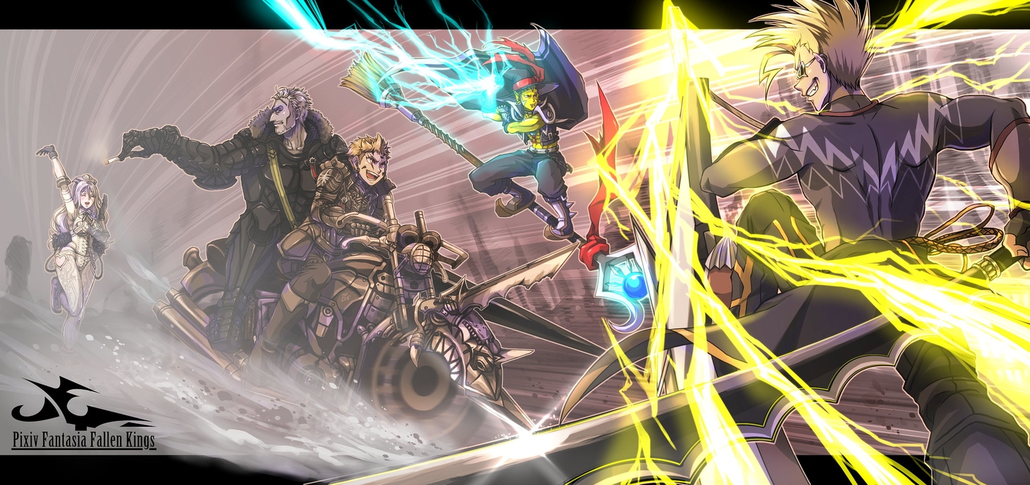 armor, blonde_hair, cape, cigarette, glasses, gloves, gofuku90, group, long_hair, male, motorcycle, original, pixiv_fantasia, short_hair, sword, weapon