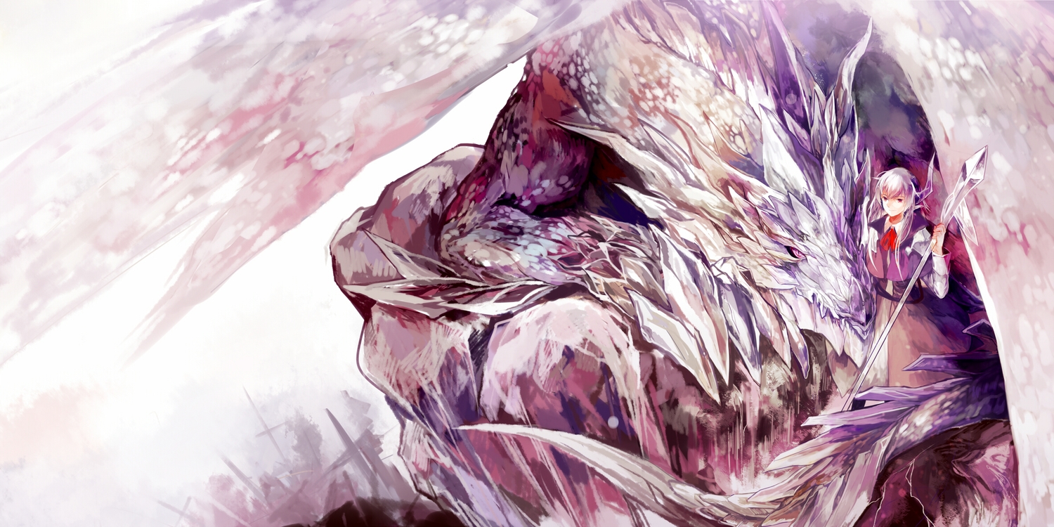 azalea, dragon, long_hair, original, pixiv_fantasia, red_eyes, spear, weapon