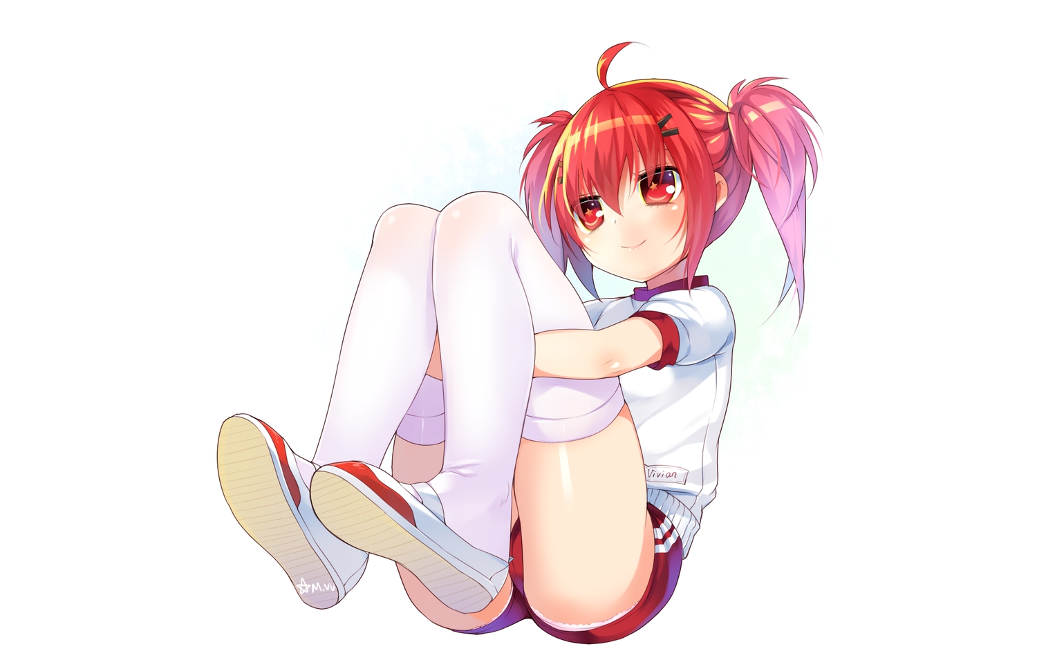 blush, gym_uniform, loli, mvv, original, red_eyes, red_hair, signed