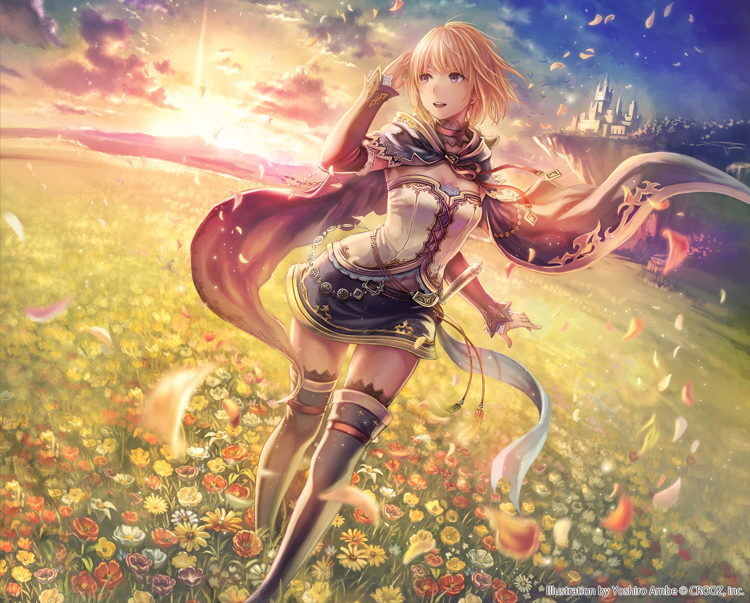 anbe_yoshirou, animal, bird, blonde_hair, building, cape, choker, clouds