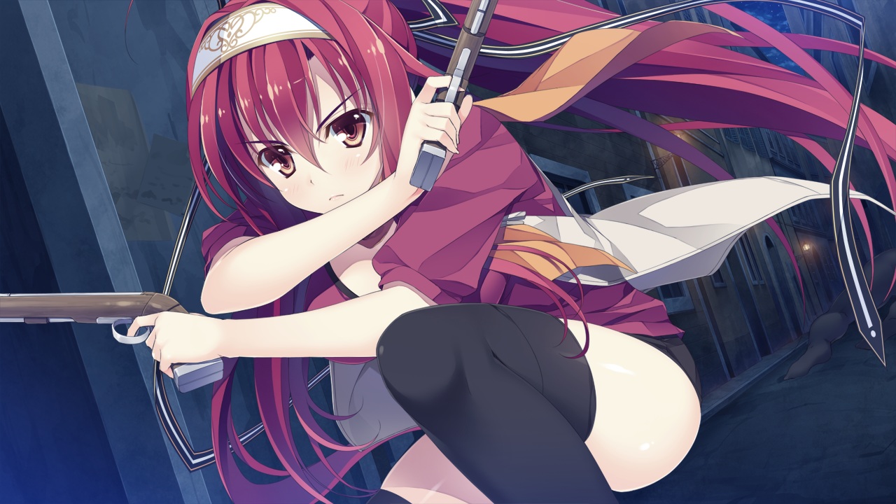 effordom_soft, game_cg, gun, headband, jyukishi_cutie_bullet, long_hair, minami_mayu, red_hair