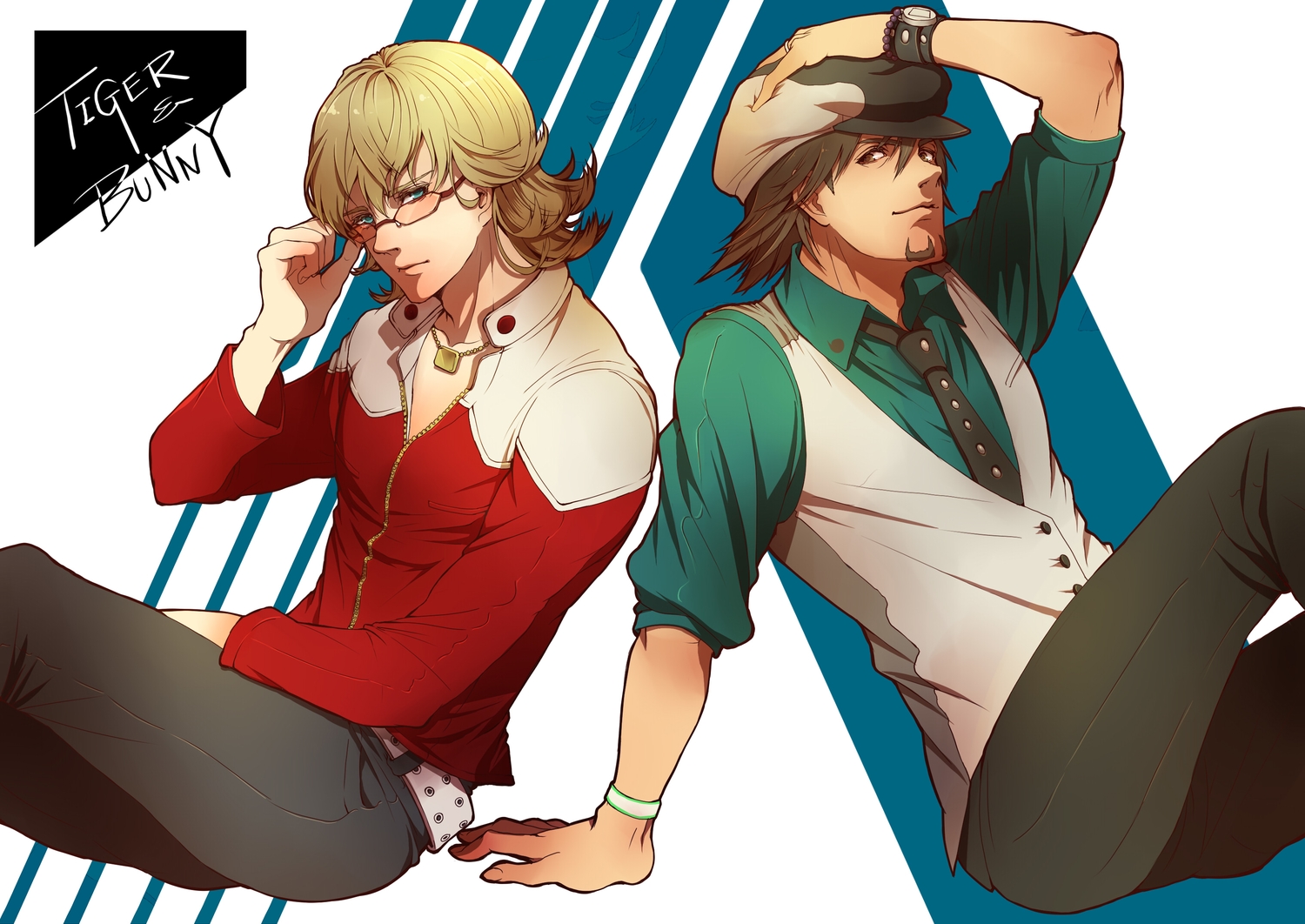 all_male, barnaby_brooks_jr, blonde_hair, blue_eyes, brown_eyes, glasses, hat, kaburagi_t_kotetsu