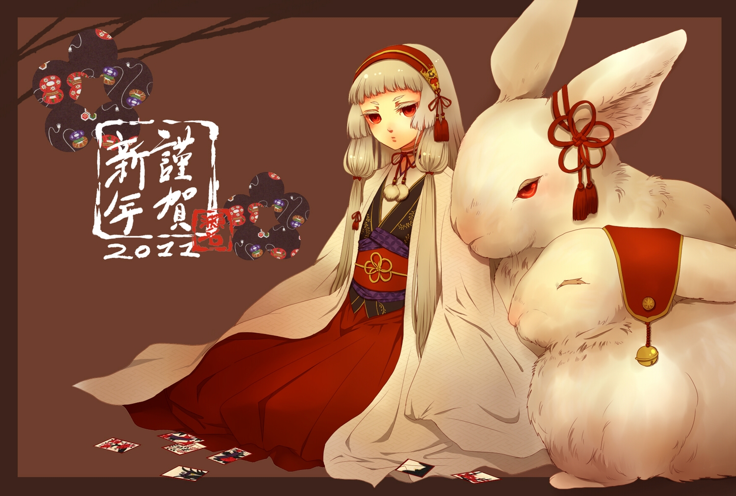 animal, bell, gray_hair, japanese_clothes, kimono, long_hair, original, rabbit