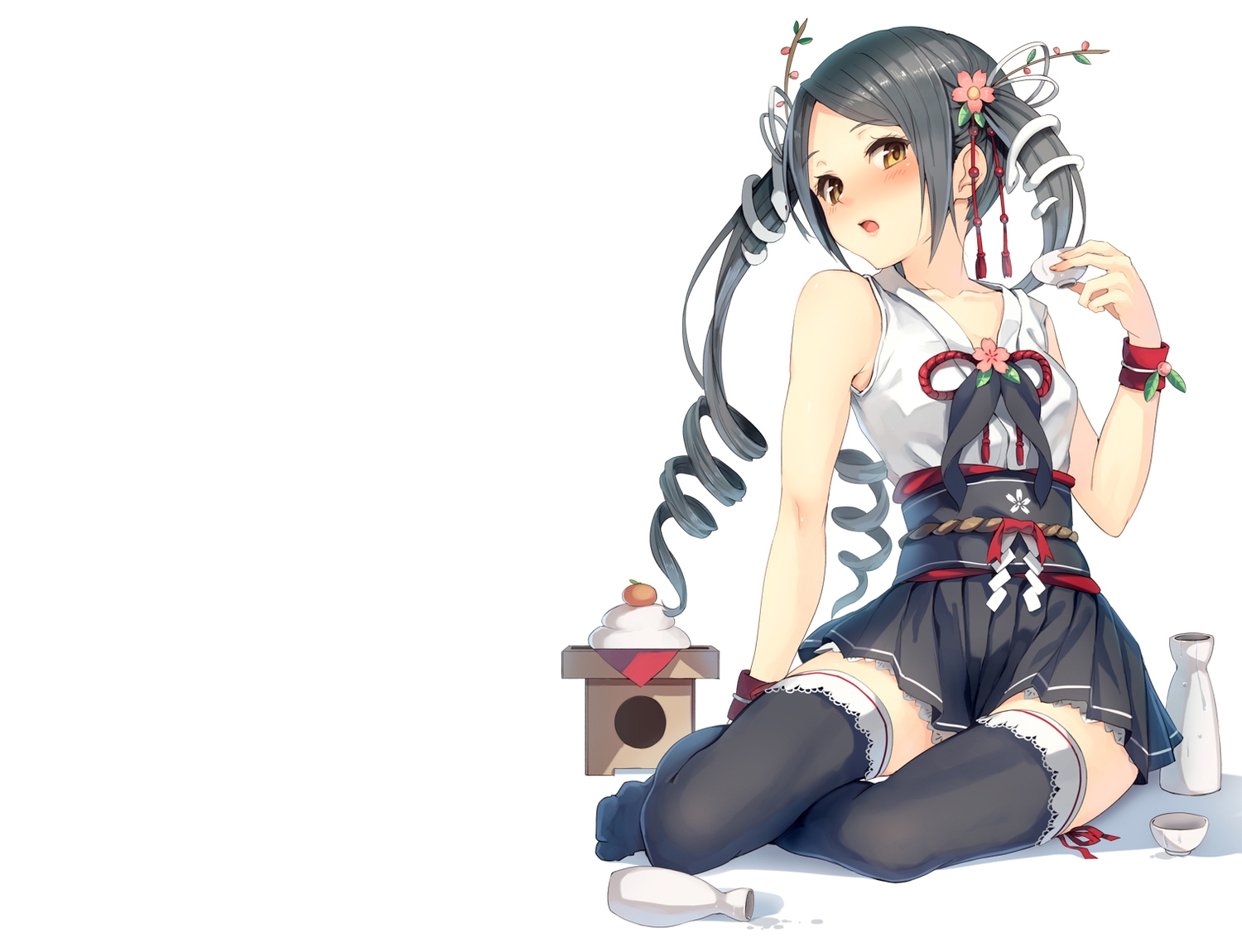 animal, black_hair, blush, cherry, drink, food, fruit, japanese_clothes