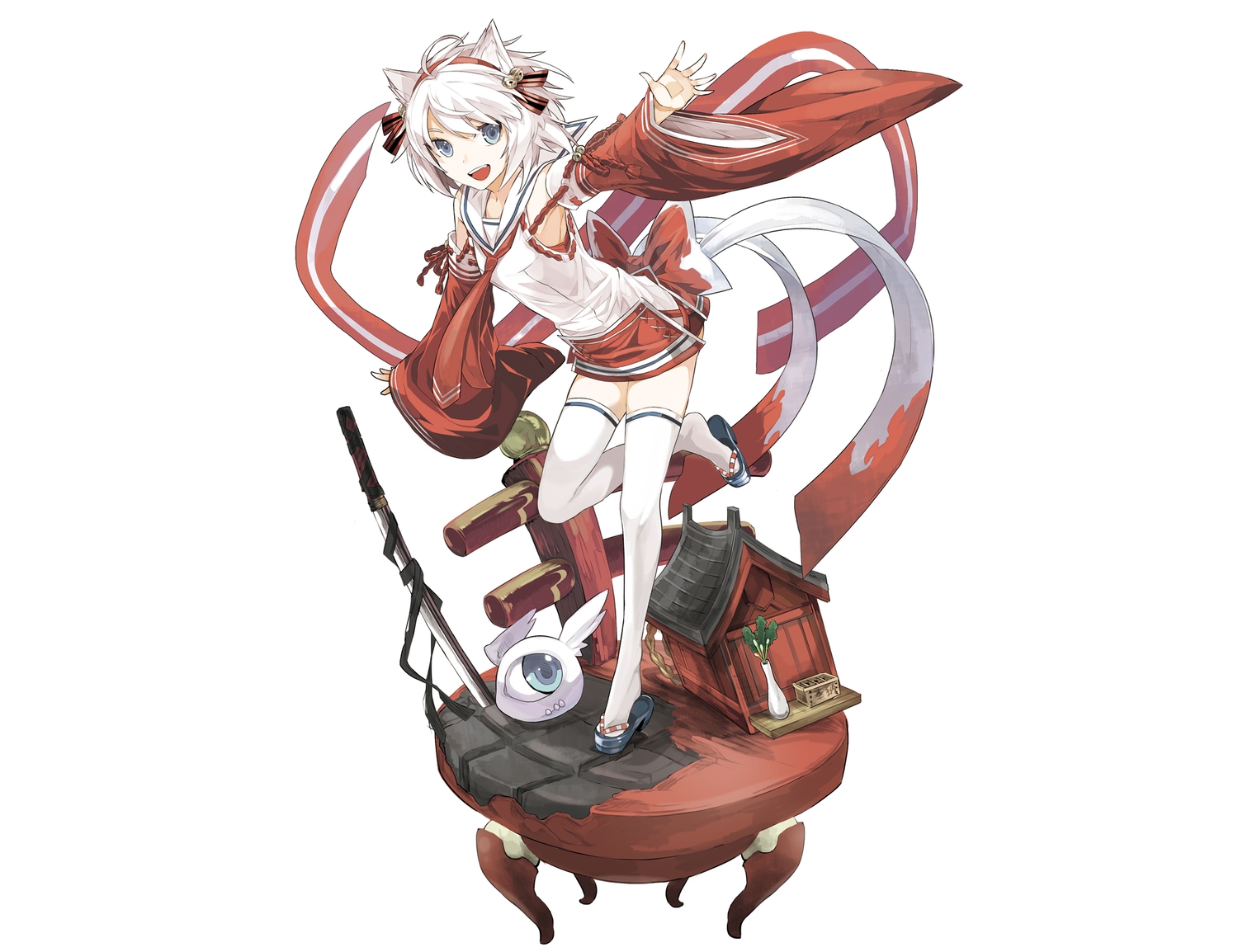 animal, bell, blue_eyes, bow, headband, japanese_clothes, katana, original