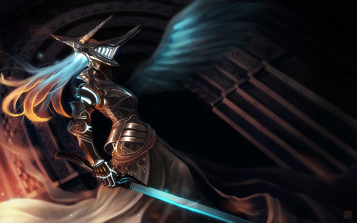 armor, carv, long_hair, original, sword, weapon, wings