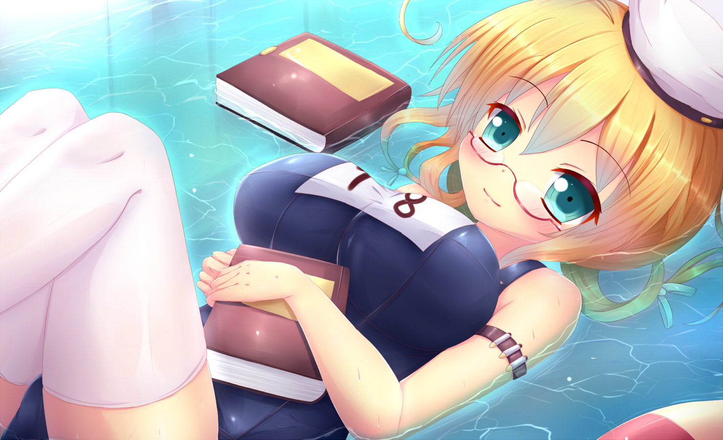 anthropomorphism, aqua_eyes, blonde_hair, book, breasts, glasses, hat, i-8_(kancolle), jpeg_artifacts, kane-neko, kantai_collection, long_hair, school_swimsuit, swimsuit, thighhighs, water, wet