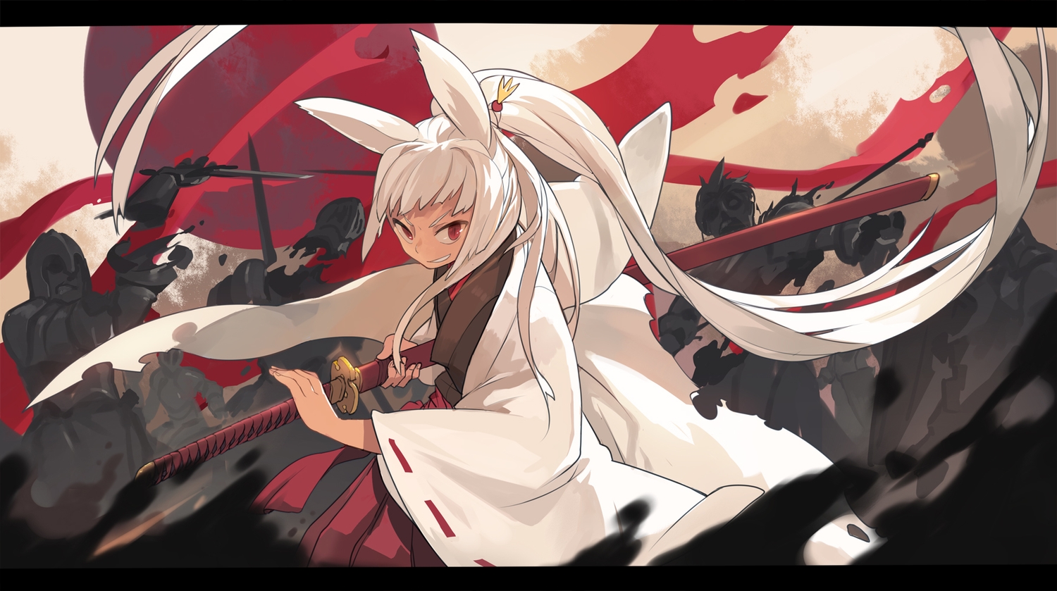 animal_ears, armor, japanese_clothes, jong_tu, katana, long_hair, original, pixiv_fantasia