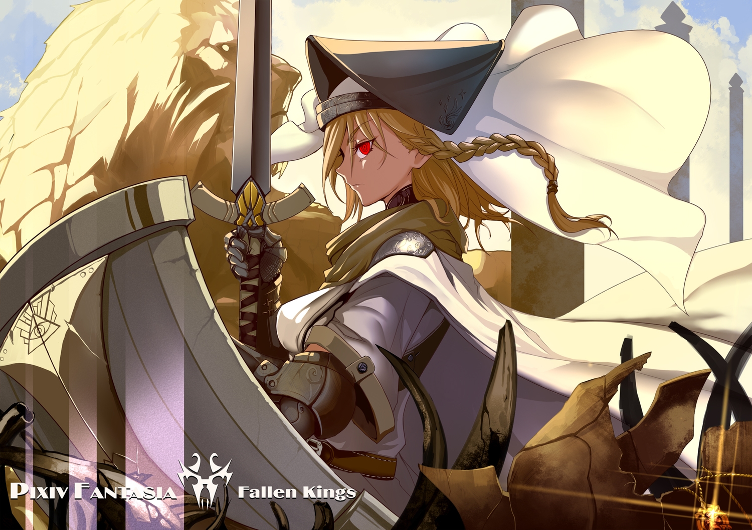 armor, blonde_hair, cape, gararisu_no_junrei-sha_mira, long_hair, original, pixiv_fantasia, realmbw