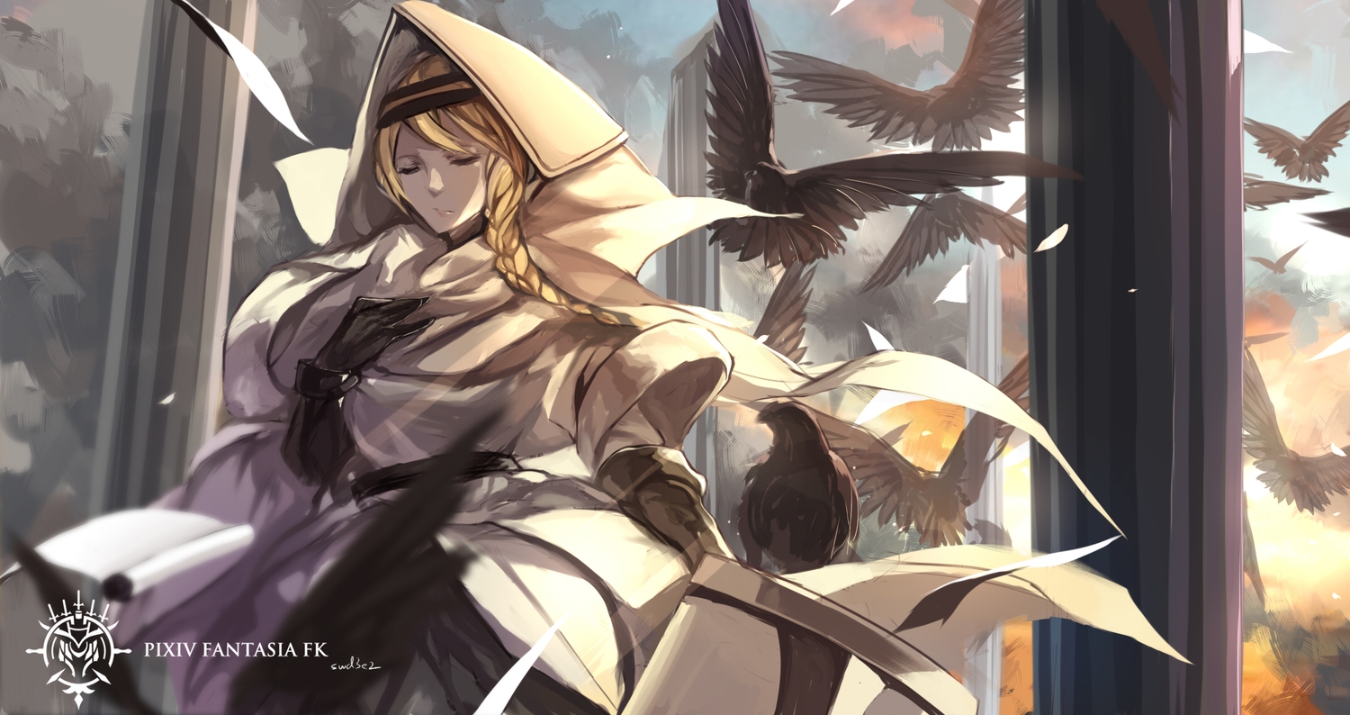 animal, bird, blonde_hair, braids, gararisu_no_junrei-sha_mira, gloves, headband, original