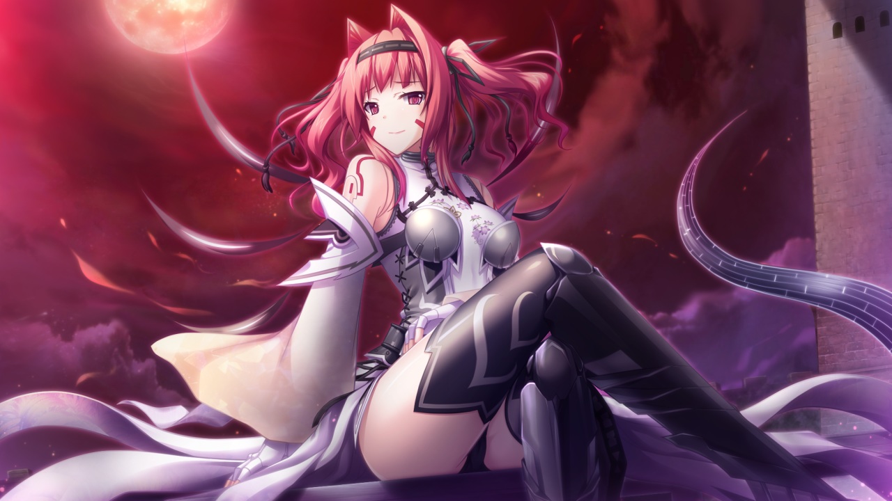 armor, clouds, eushully, game_cg, hatozuki_tsumiki, headband, long_hair, madou_koukaku, moon, panties, red_hair, tagme_(character), thighhighs, twintails, underwear