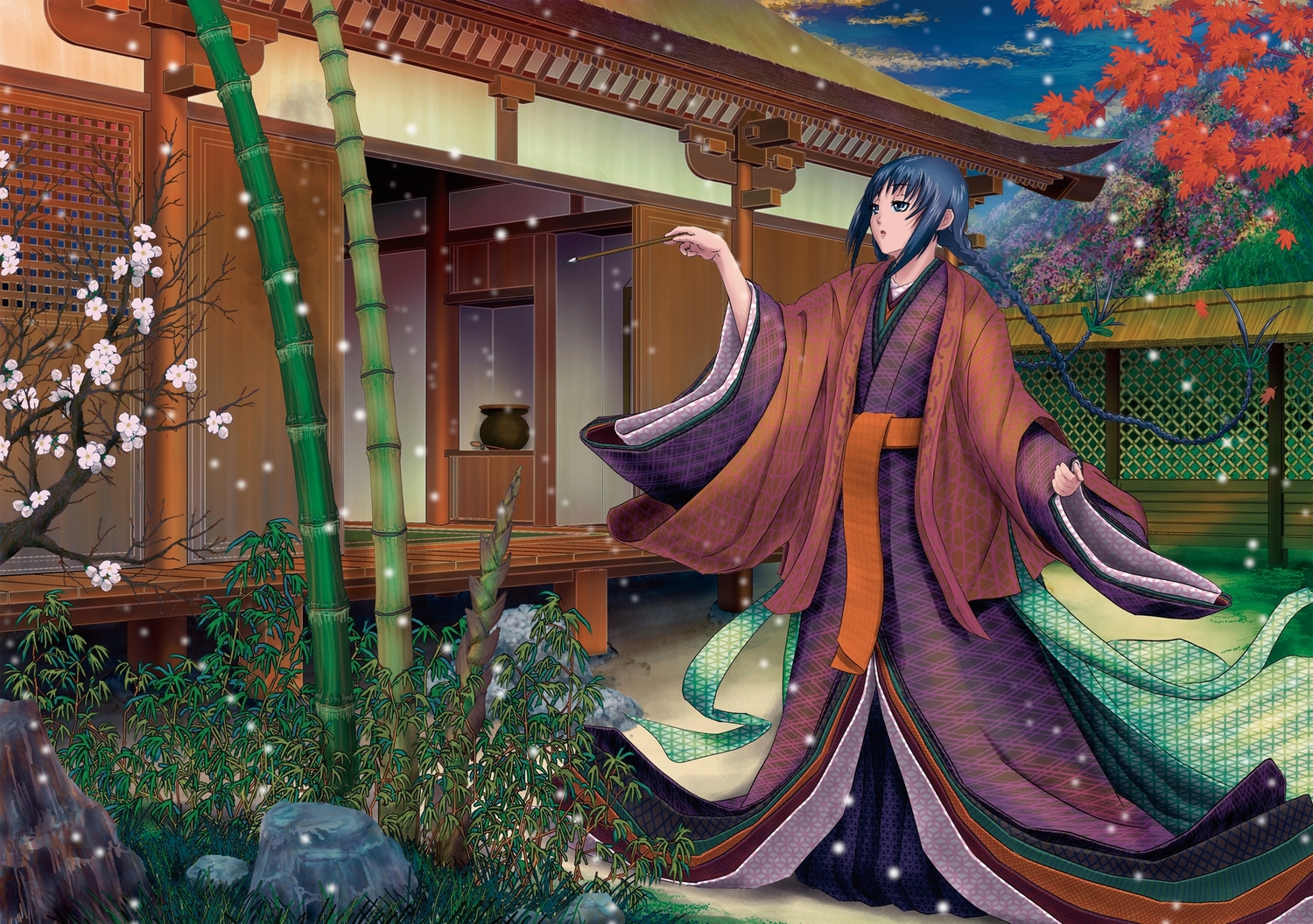 black_hair, braids, flowers, japanese_clothes, kimono, long_hair, manabu_adachi