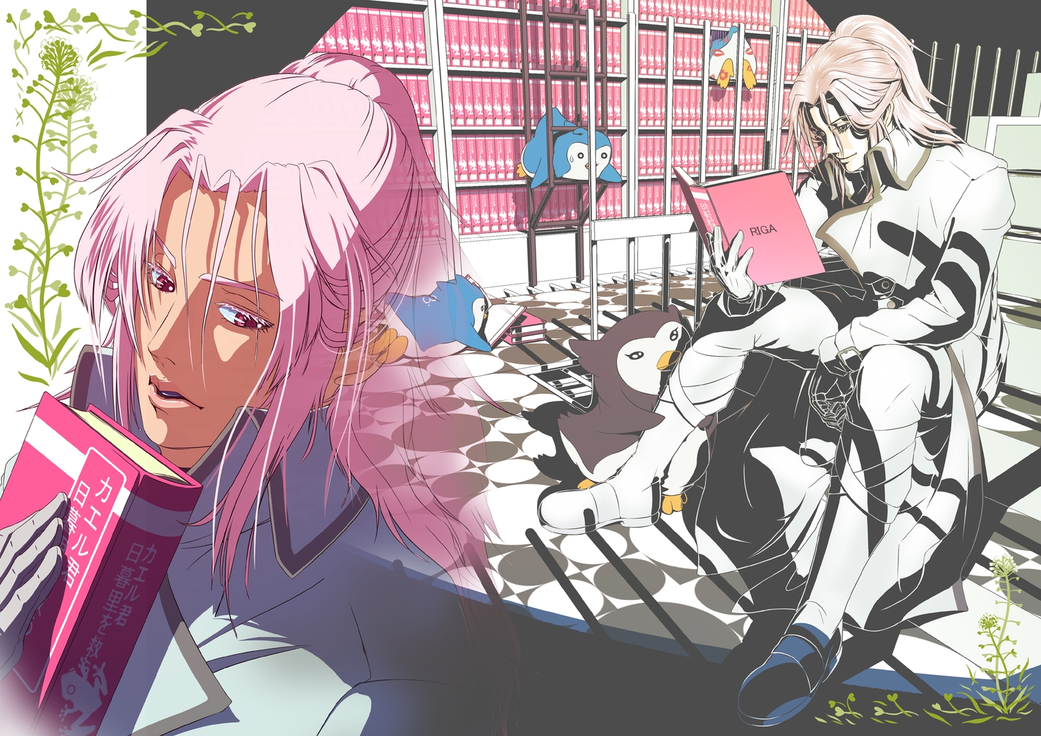 animal, bird, book, long_hair, manabu_adachi, mawaru_penguindrum, penguin, pink_hair