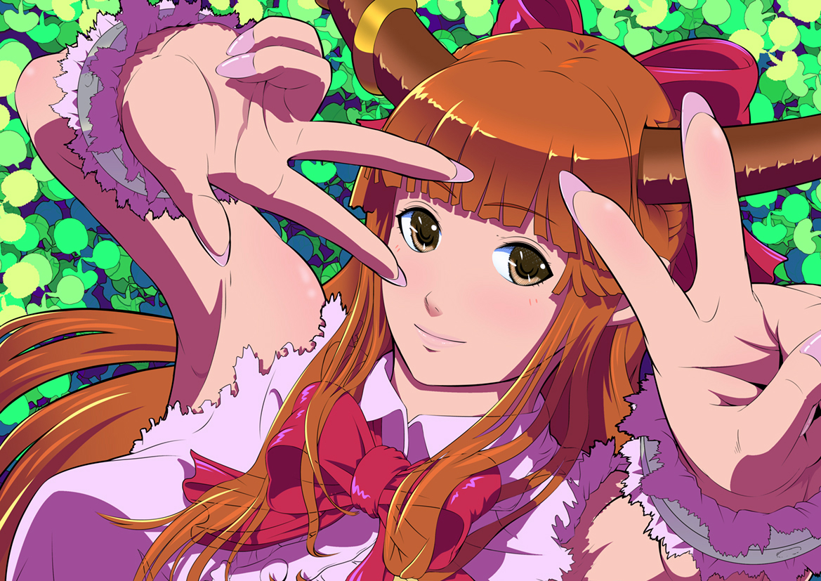 bow, brown_eyes, brown_hair, horns, ibuki_suika, long_hair, manabu_adachi, touhou