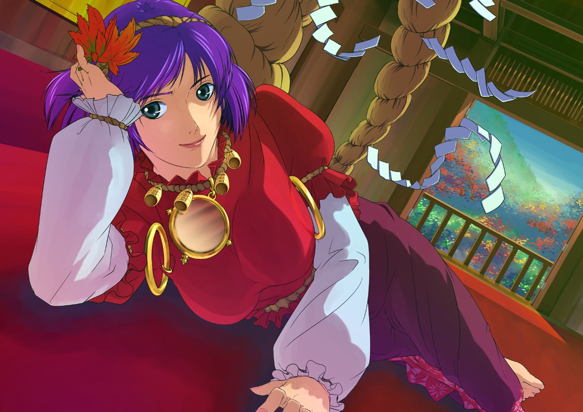 barefoot, gray_eyes, headband, jpeg_artifacts, manabu_adachi, necklace, purple_hair, short_hair