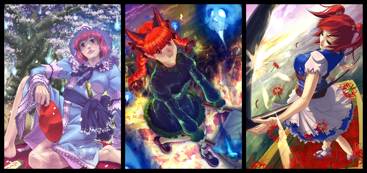 animal_ears, braids, catgirl, dress, flowers, hat, kaenbyou_rin, manabu_adachi