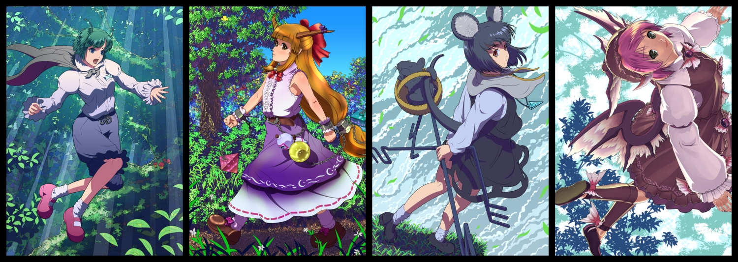 animal, black_hair, brown_eyes, brown_hair, cape, dress, grass, gray_hair