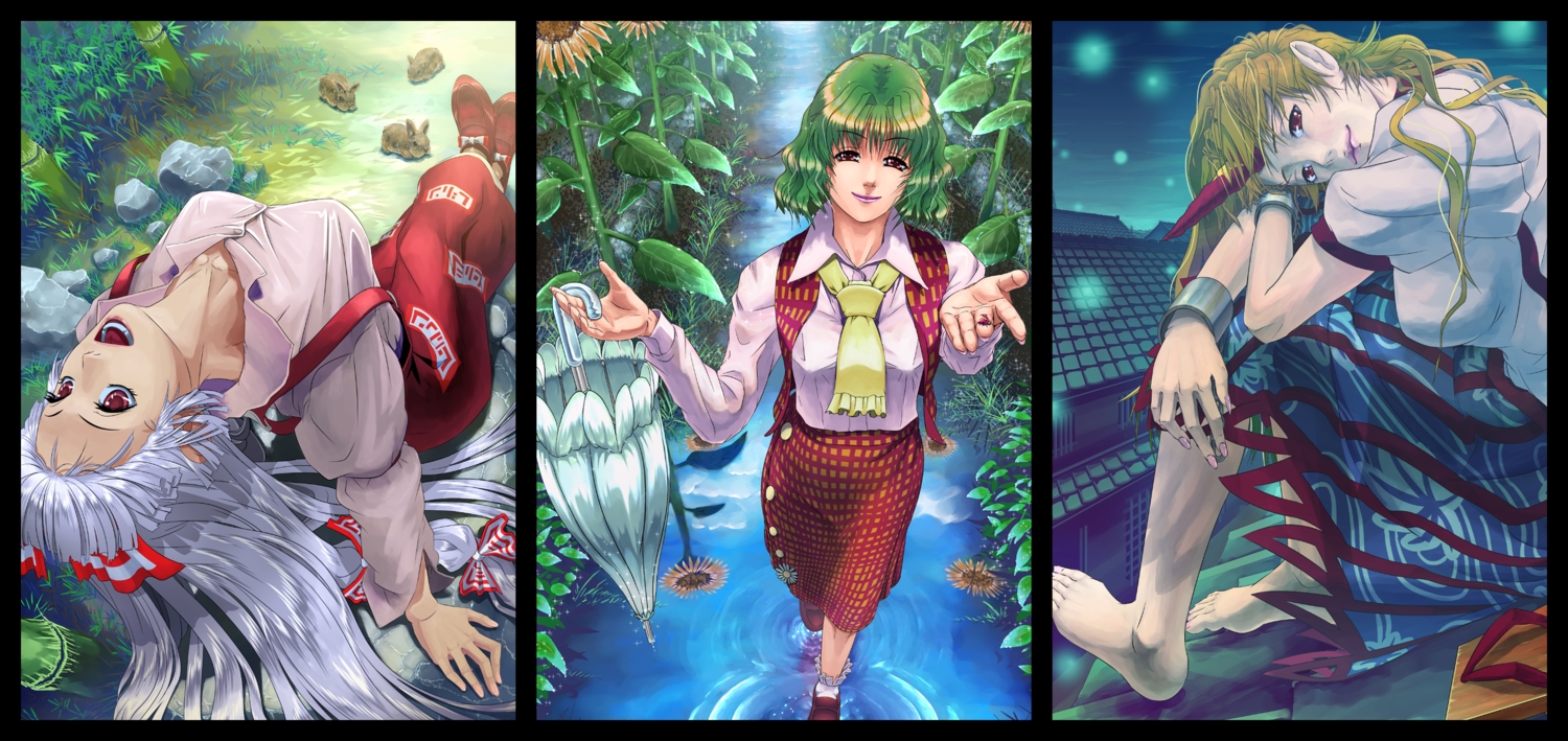 animal, barefoot, blonde_hair, bow, dress, flowers, fujiwara_no_mokou, grass, green_hair, horns, hoshiguma_yuugi, kazami_yuuka, long_hair, manabu_adachi, rabbit, red_eyes, shackles, shirt, skirt, sunflower, touhou, umbrella, water, white_hair
