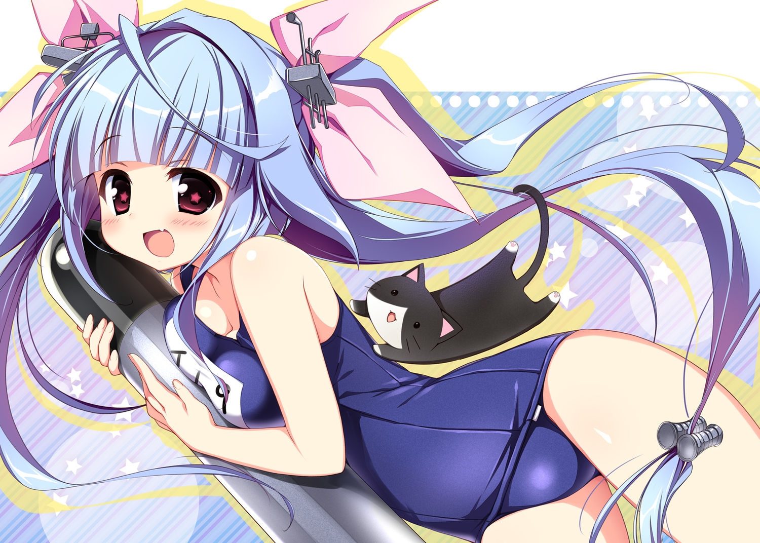 animal, anthropomorphism, blue_hair, blush, cat, fang, i-19_(kancolle), kantai_collection, long_hair, nagayama_yuunon, red_eyes, ribbons, school_swimsuit, swimsuit, twintails