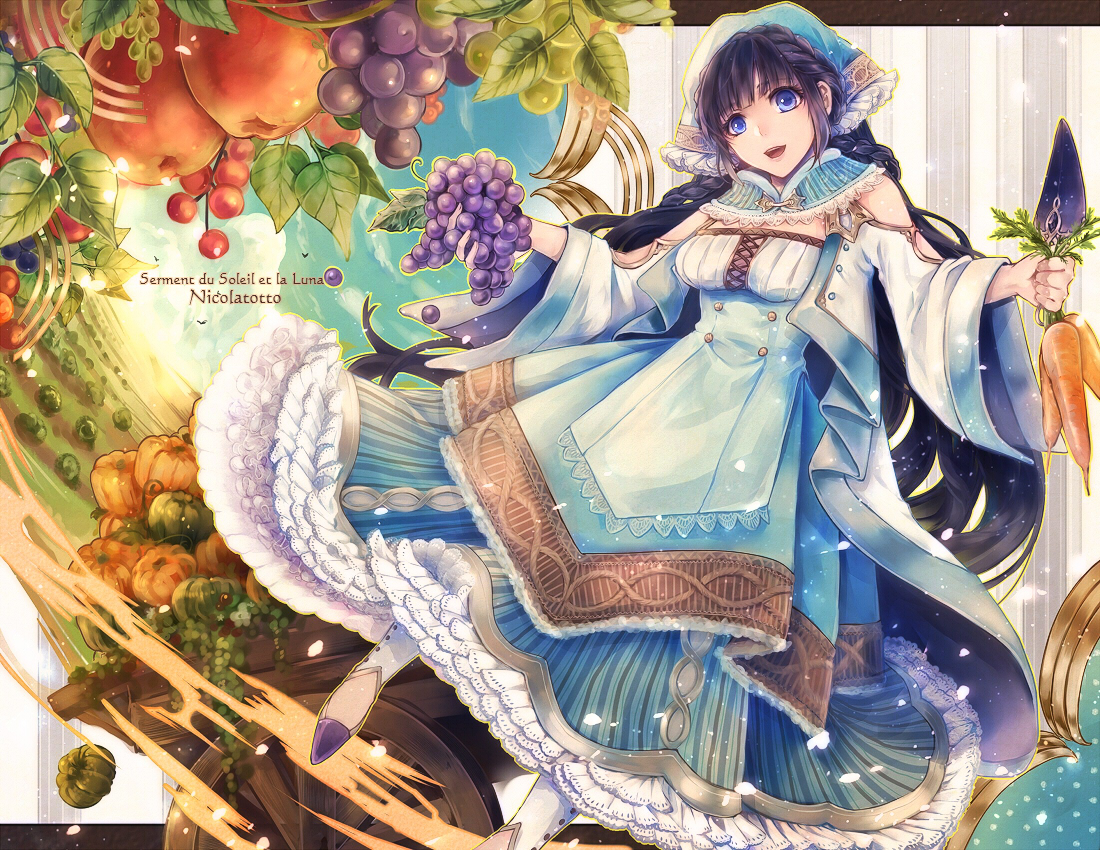 apple, blue_eyes, blue_hair, braids, dress, food, fruit, headdress