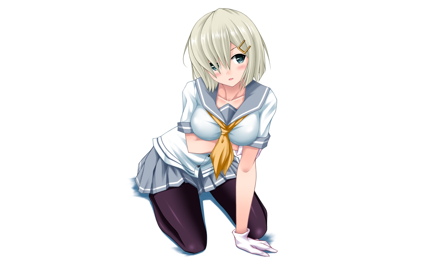 anthropomorphism, blonde_hair, blue_eyes, blush, gloves, hamakaze_(kancolle), kantai_collection, kaze_makase, pantyhose, school_uniform, short_hair, skirt, white