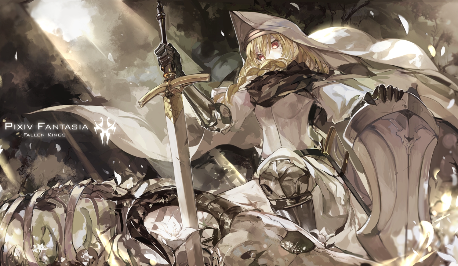armor, blonde_hair, braids, brown_eyes, gararisu_no_junrei-sha_mira, original, petals, pixiv_fantasia, saberiii, sword, weapon