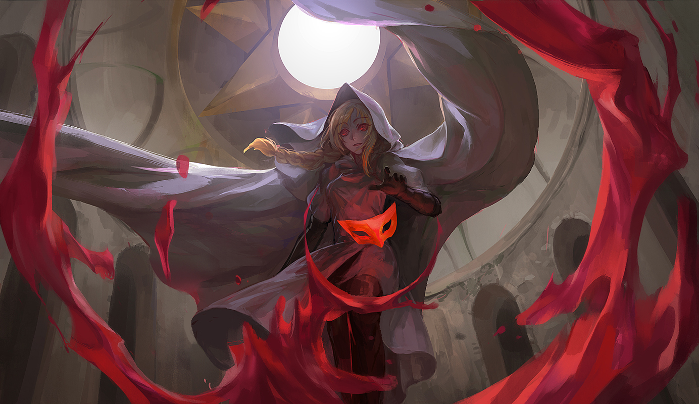 blonde_hair, braids, cape, gararisu_no_junrei-sha_mira, kzcjimmy, long_hair, mask, original