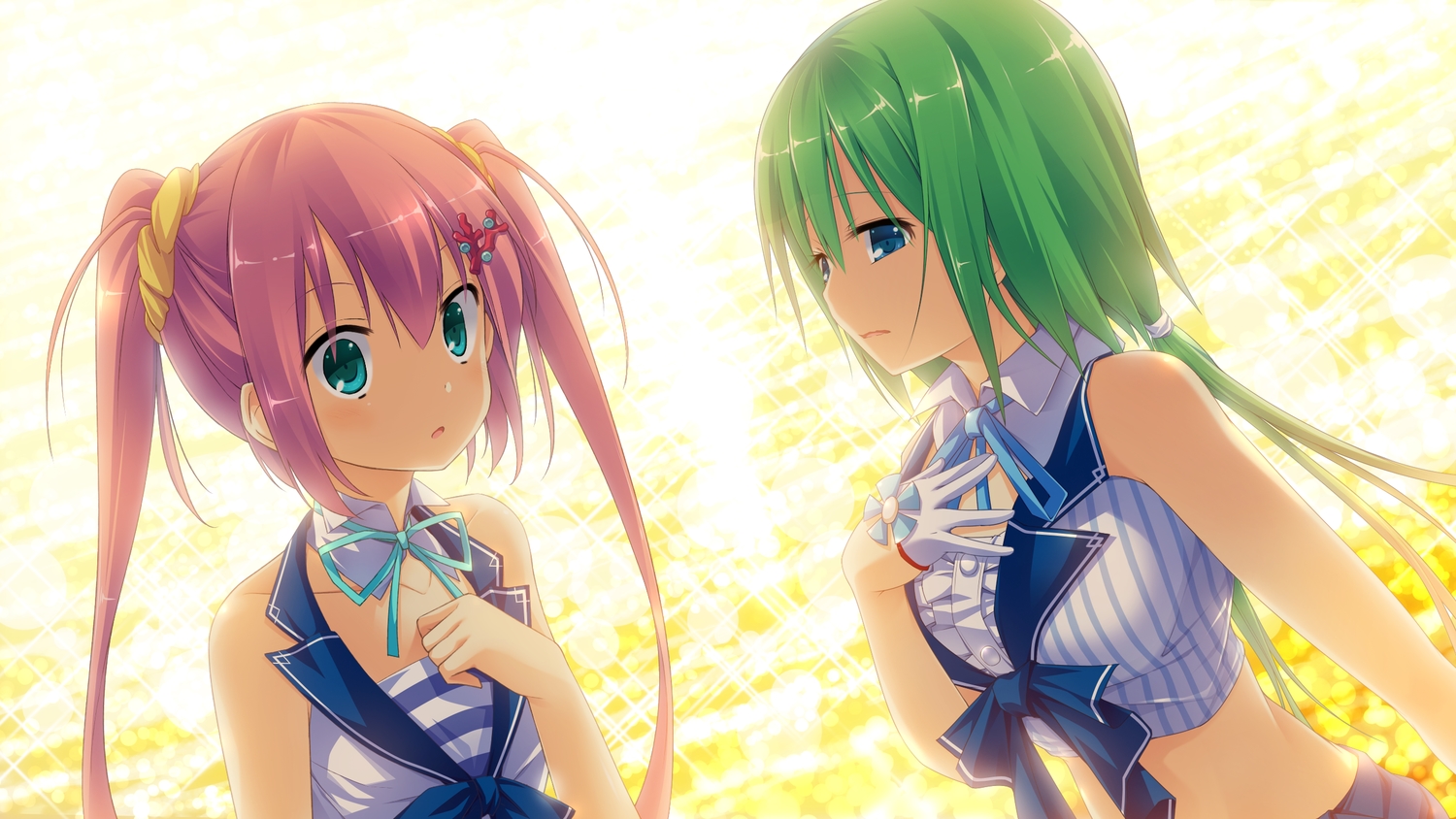 2girls, blue_eyes, game_cg, green_hair, kaku_konami, koisuru_natsu_no_last_resort, long_hair, mottsun