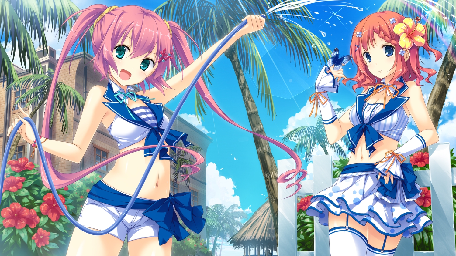 2girls, blue_eyes, bow, butterfly, game_cg, garter, koisuru_natsu_no_last_resort, long_hair, maki_shiori, mottsun, navel, pink_hair, pulltop, red_hair, ribbons, short_hair, shorts, thighhighs, tsukumi_sango, twintails, water
