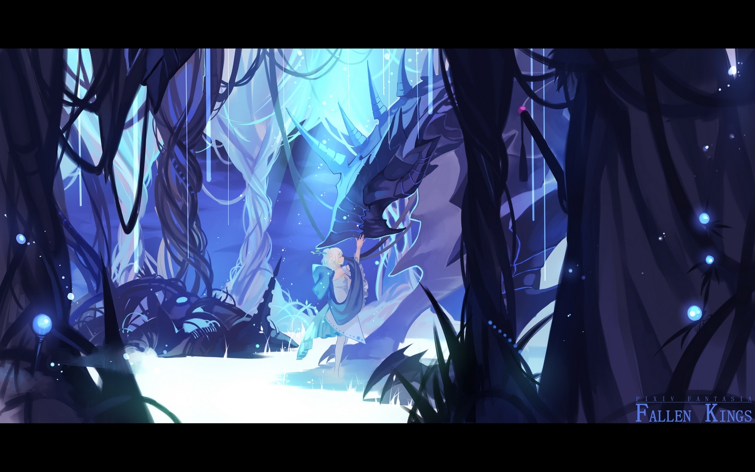 blonde_hair, blue, deuria, dragon, dress, joseph_lee, original, pixiv_fantasia