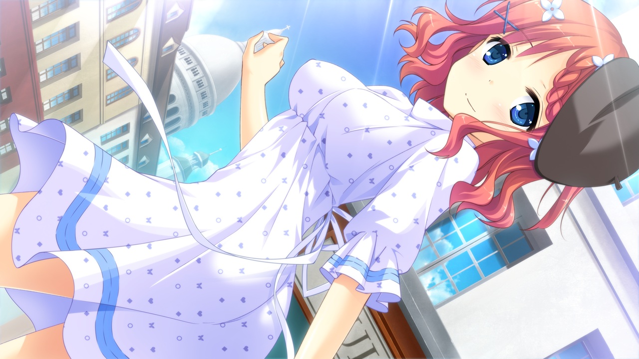 blue_eyes, dress, game_cg, hat, koisuru_natsu_no_last_resort, maki_shiori, mottsun, pulltop
