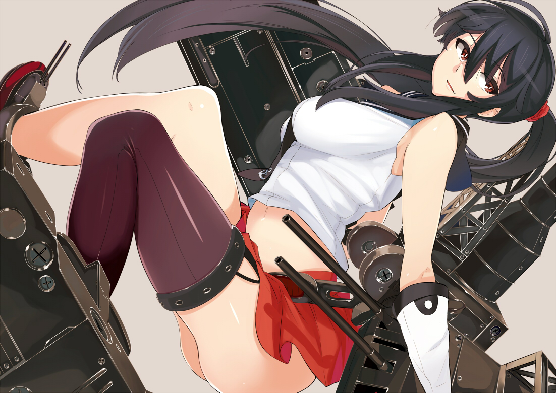 anthropomorphism, black_hair, elbow_gloves, gloves, kantai_collection, long_hair, navel, ponytail, red_eyes, skirt, thighhighs, wakamesan, yahagi_(kancolle)