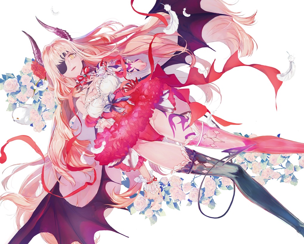 animal, bird, breasts, cleavage, eyepatch, flowers, horns, long_hair, orange_hair, original, rose, skirt, tail, thighhighs, wings, yaku_(ziroken), yellow_eyes