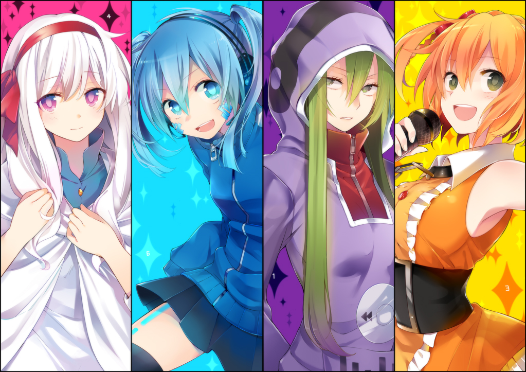 blue_eyes, blue_hair, dress, ene_(kagerou_project), green_eyes, green_hair, headband, headphones, hutuumikan, kagerou_project, kido_tsubomi, kisaragi_momo, kozakura_mary, long_hair, microphone, orange_hair, pink_eyes, short_hair, skirt, thighhighs, white_hair