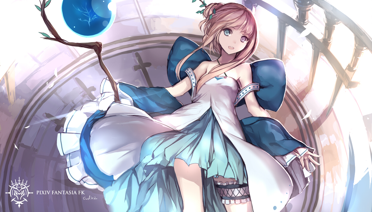 bicolored_eyes, brown_hair, cross, deuria, dress, garter, original, pixiv_fantasia, signed, staff, swd3e2