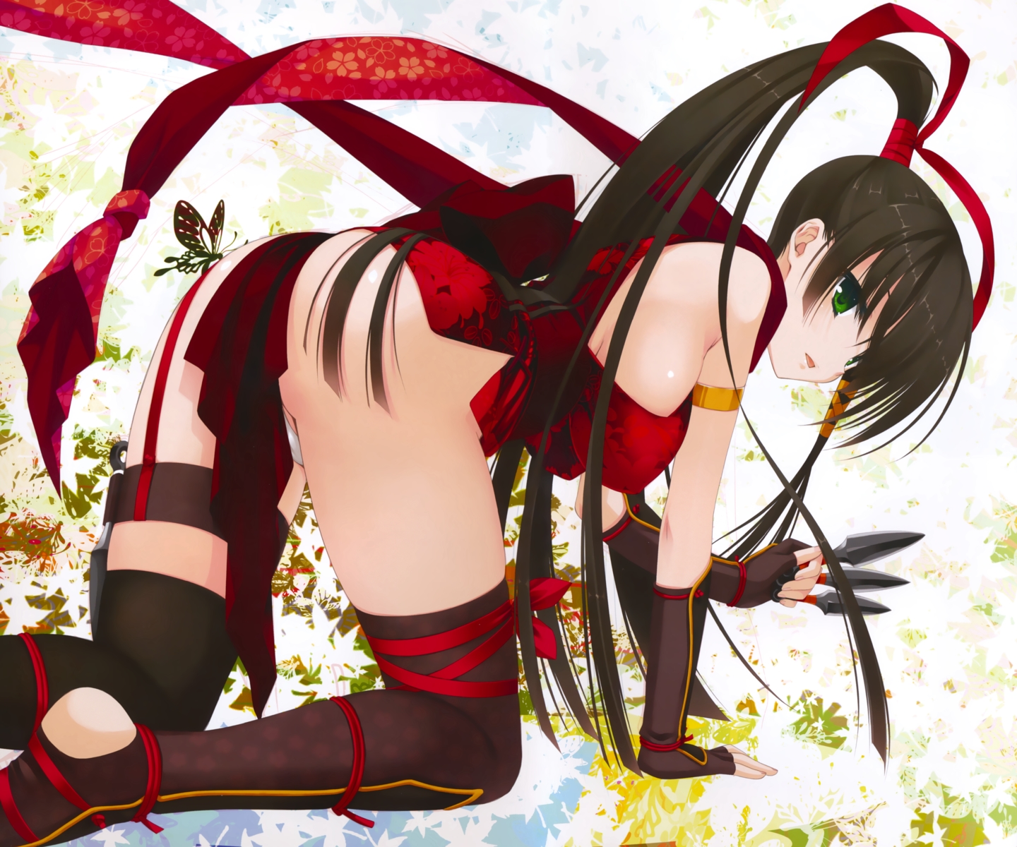 black_hair, butterfly, dress, gloves, green_eyes, kobuichi, kore_wa_zombie_desu_ka?, long_hair