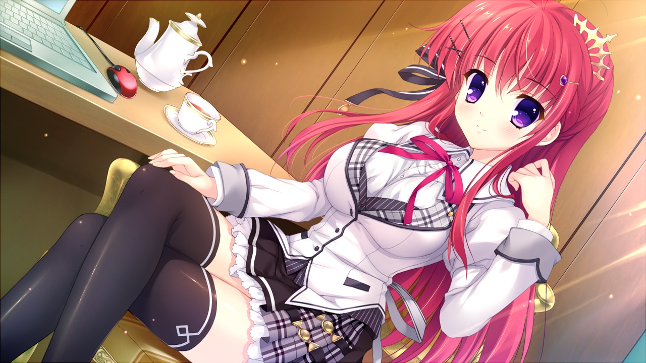 alia's_carnival, game_cg, long_hair, mitha, nanawind, ousaka_asuha, purple_eyes, red_hair, ribbons, school_uniform, thighhighs