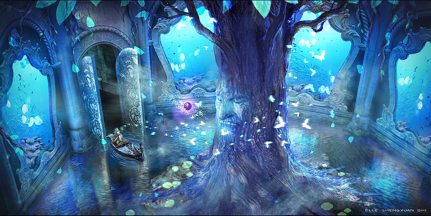 blue, boat, butterfly, lost_elle, original, pixiv_fantasia, scenic, tree