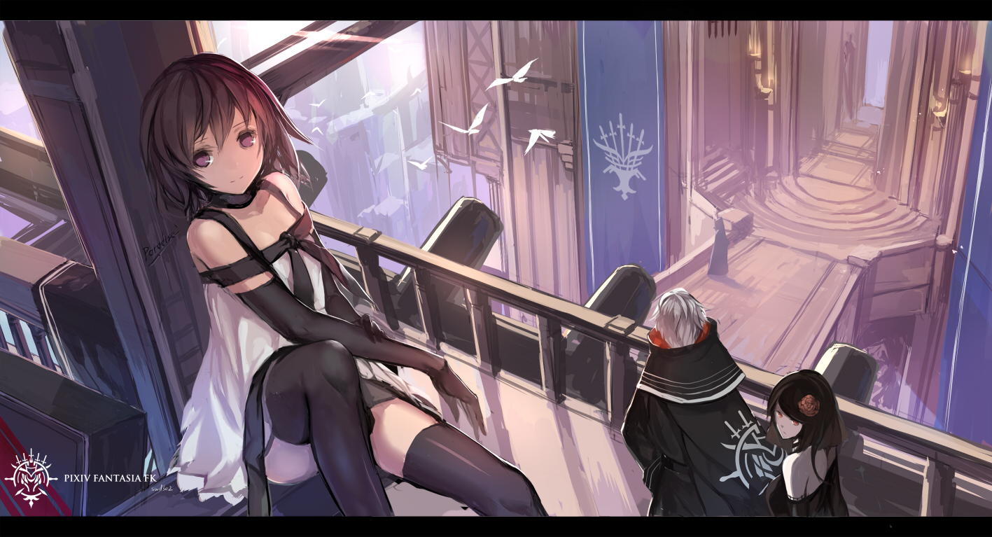 animal, bird, black_hair, dress, elbow_gloves, gloves, gray_hair, male, original, paradise_(pffk), pink_eyes, pixiv_fantasia, red_eyes, short_hair, swd3e2, thighhighs