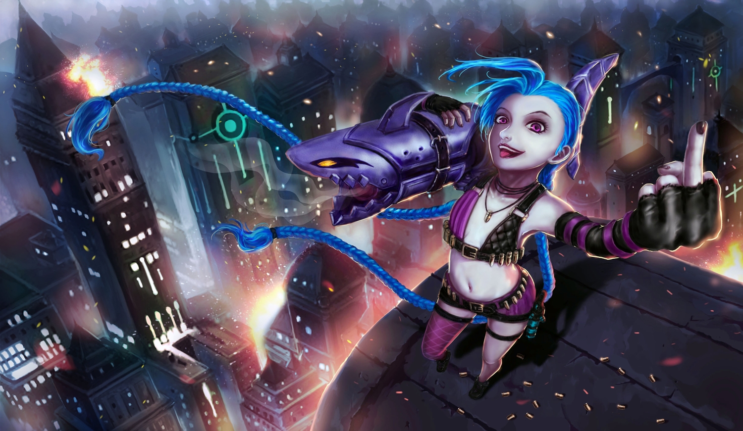 blue_hair, braids, building, city, jinx_(league_of_legends), league_of_legends, navel, necklace, weapon, yy