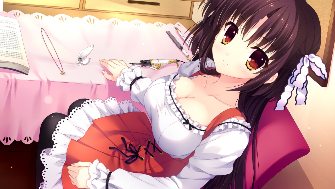 alia's_carnival, black_hair, breasts, brown_eyes, cleavage, dress, game_cg, mitha, nanawind, saijo_karin