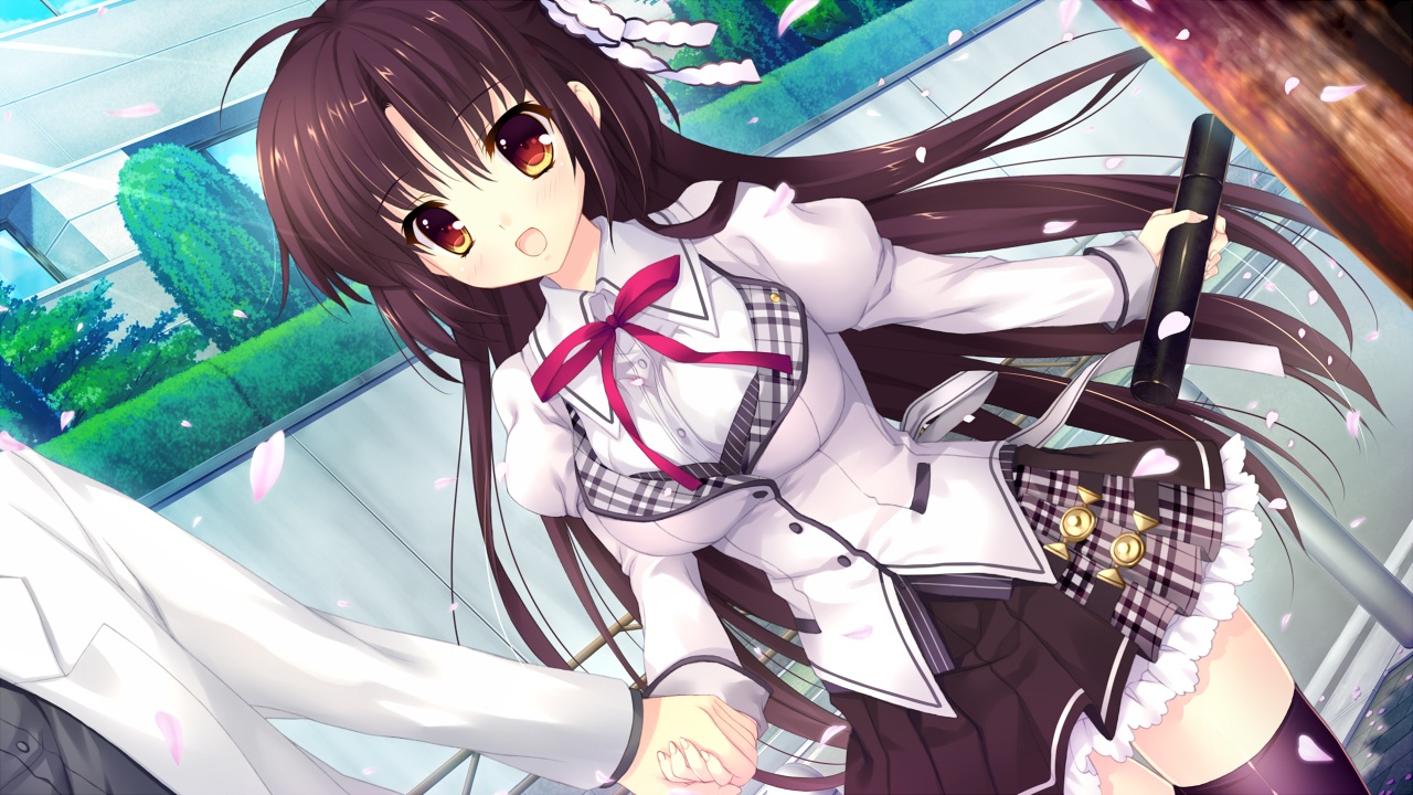 alia's_carnival, black_hair, brown_eyes, game_cg, long_hair, mitha, nanawind, petals, ribbons, saijo_karin, school_uniform, skirt, thighhighs