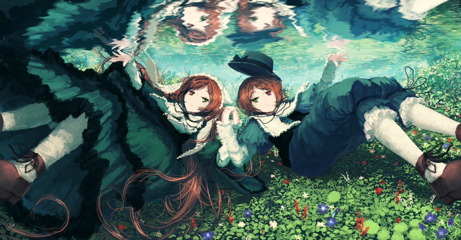 2girls, bicolored_eyes, brown_hair, dress, flowers, hat, headdress, jpeg_artifacts