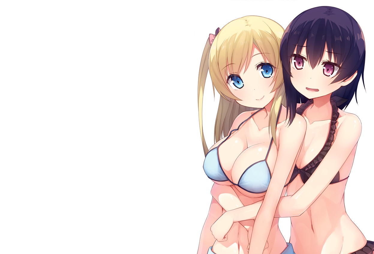 2girls, black_hair, blonde_hair, blue_eyes, breasts, cleavage, hug, navel, original, purple_eyes, shiva_(executor), short_hair, swimsuit, underboob, white